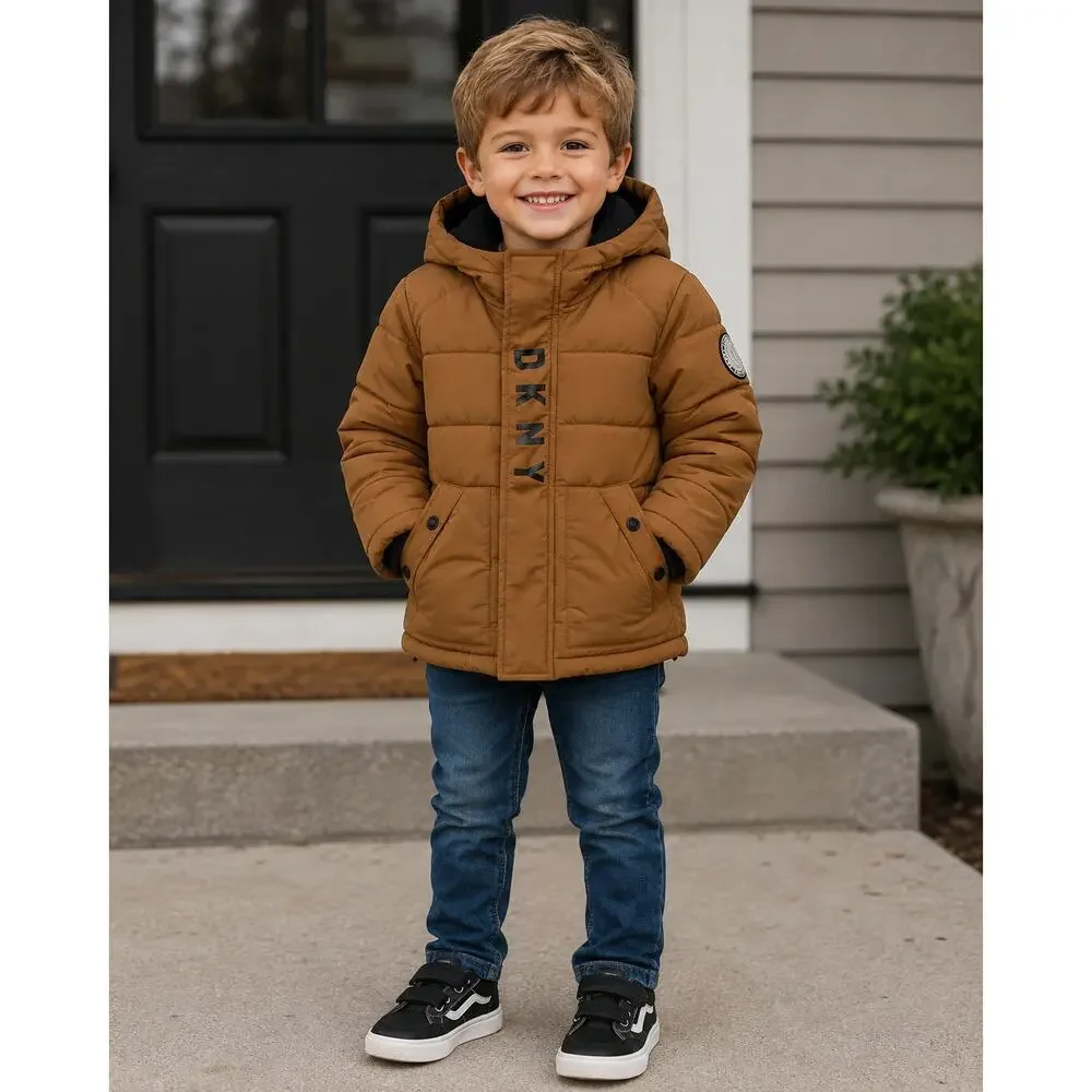 DKNY Puffer Coat Boys Size 4 Mustard Brown Hooded Quilted Outdoor Winter Gorp